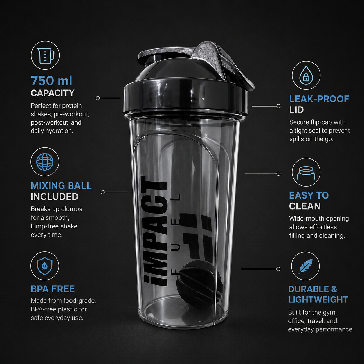 Impact Fuel Premium Shaker Bottle 750ml | BPA-Free Gym Shaker